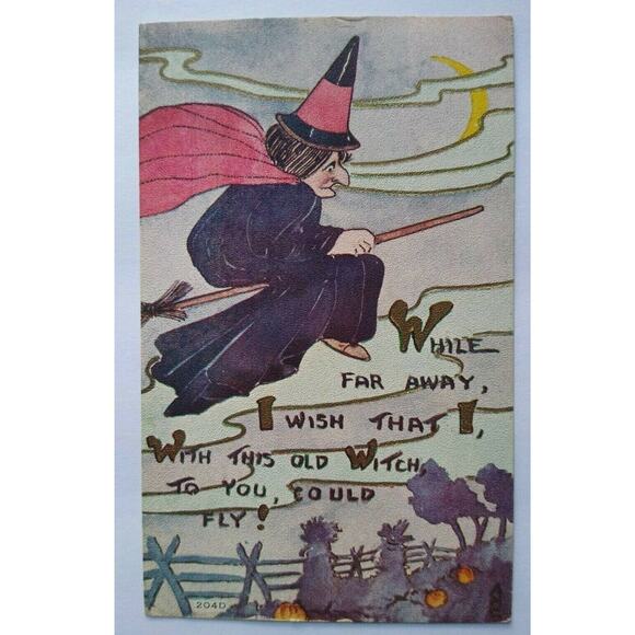 Halloween Postcard Gothic Witch Flying By Pumpkin Patch 204D FA Owen Providence - Picture 1 of 5